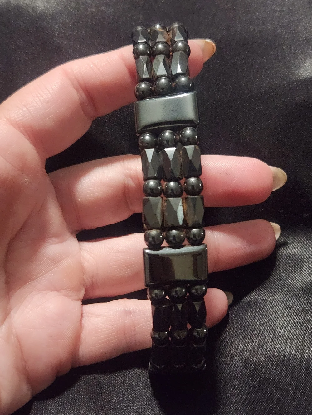 Vintage Black Hematite Beaded 3-Strand Stretch Bracelet | Magnetic Slide Clasp